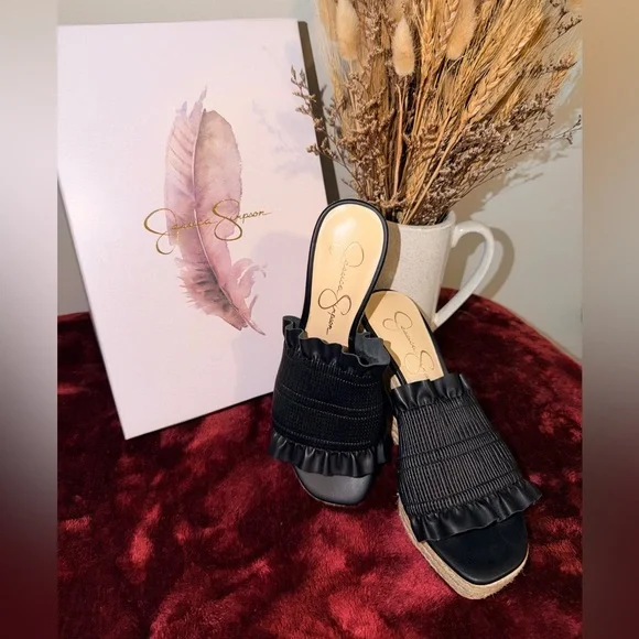 Jessica Simpson Serilda Black Espadrille Platform Wedge Sandals Smocked Size 7 - Picture 2 of 8